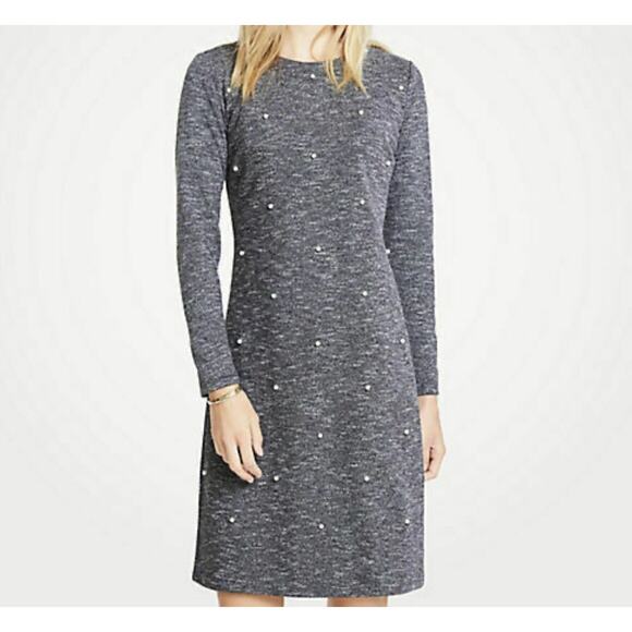 Ann Taylor Pearl Adorned Long Sleeve Gray Knee Length Dress women’s size 6T - Picture 1 of 13